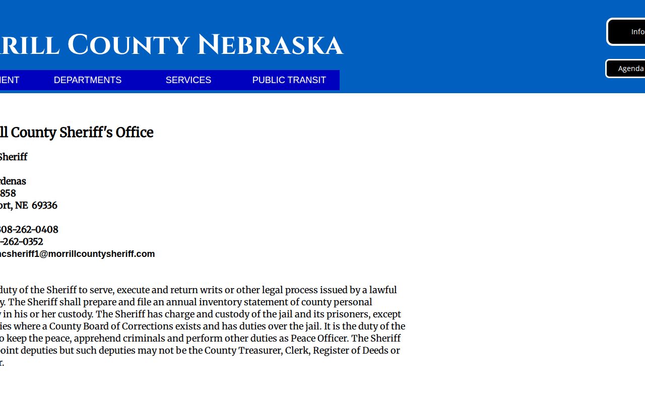 Morrill County booking-record source, Sheriff’s Office contact and jail responsibility page