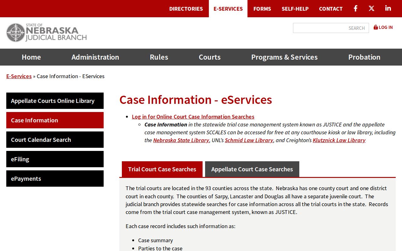 Morrill County court-record lookup source, Nebraska case-information eServices