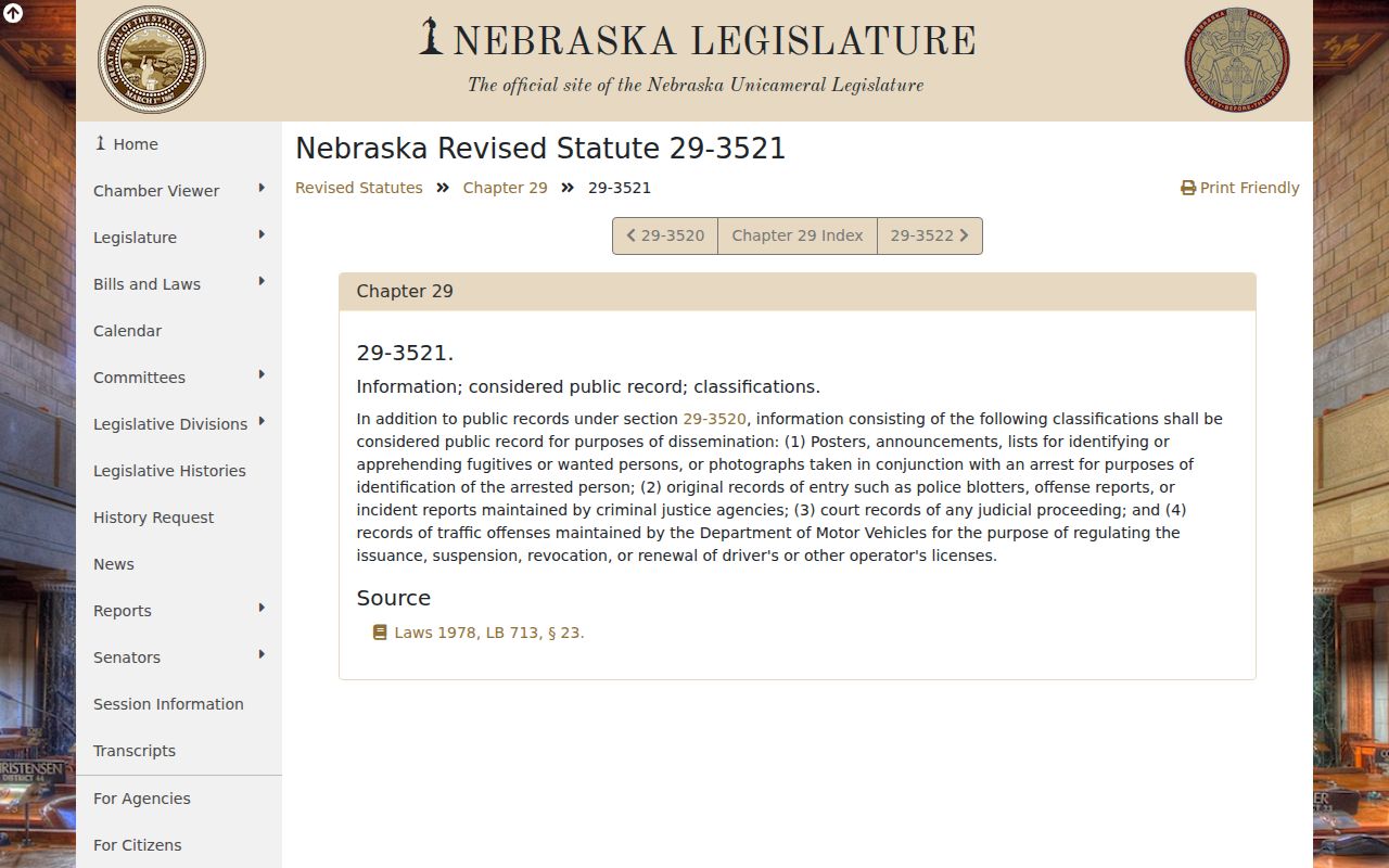 Morrill County booking-photo record law, Nebraska Revised Statutes section 29-3521